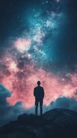 Silhouette on rocky ledge below dense star field at night.