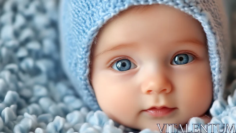 Infant in Blue Knit Cap with Blue Eyes.