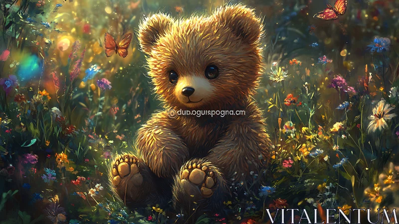 Soft teddy bear among glowing wildflowers at sunset.