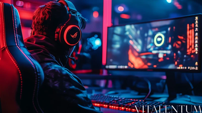 Computer gamer at RGB desktop setup in neon studio.