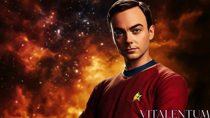 Starfleet officer portrait amid blazing cosmic nebula.