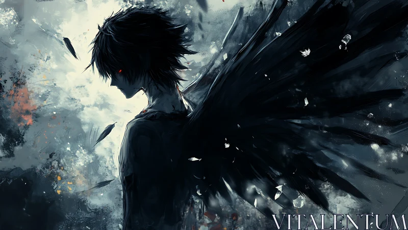 Dark winged figure stands in storm of ash and feathers