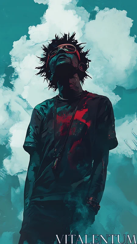 Stylized low-angle portrait with high-contrast teal and crimson palette