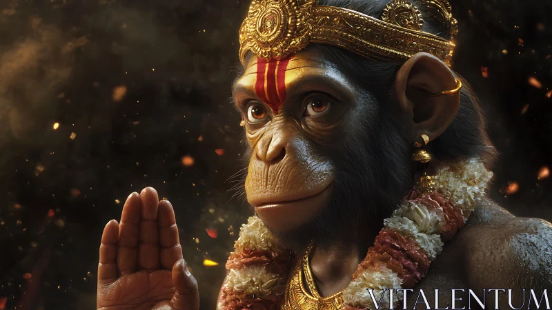 Photoreal 3D monkey deity portrait with gold crown and garlands