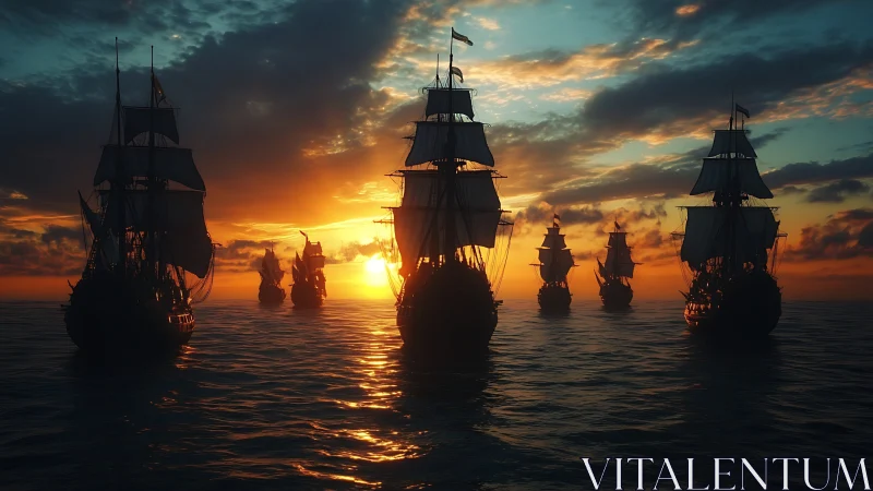 Tall ships cross a blazing ocean sunset in silent formation