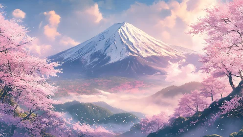 Gentle cherry blossom valley embracing a serene snow peak.
