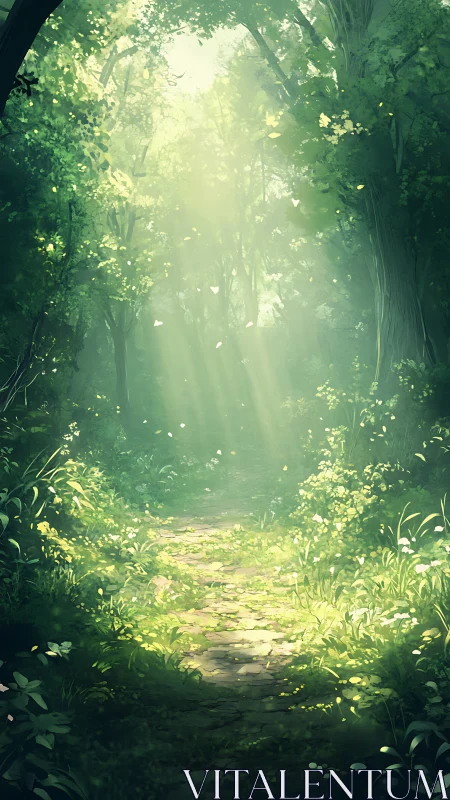 Luminescent forest canopy with radiant pathway through dense vegetation.