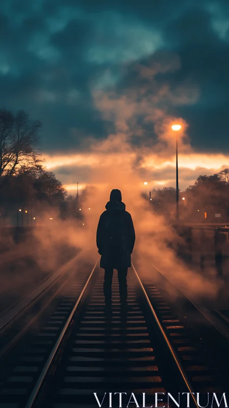 Silhouetted person on railway tracks amid dense evening fog.