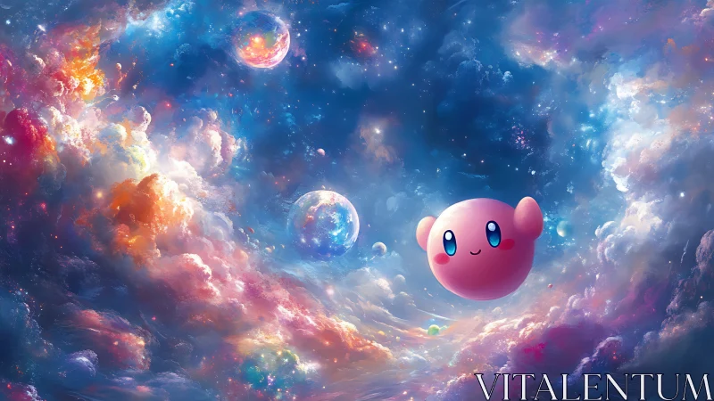 Pink spherical character floating in luminous nebula field.