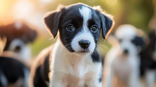 Border collie type puppies stand outdoors in shallow focus view
