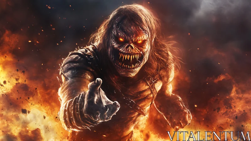 Flaming demon warrior strides through fire with fierce grin.