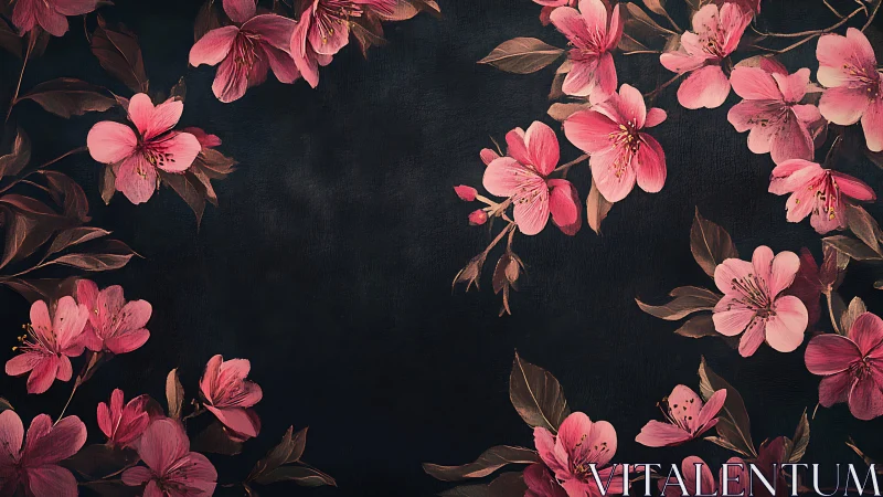 Pink Cherry Blossoms Against Deep Charcoal. Digital Floral Botanical Design.