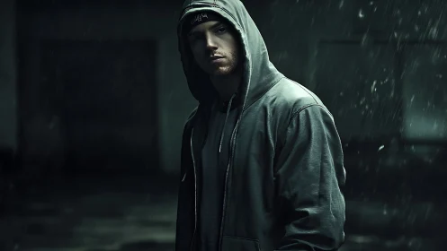 Hooded figure in cinematic low key rainlit streetscape frame.