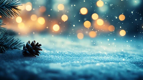 Snow covered pinecone sits on icy ground with blurred lights