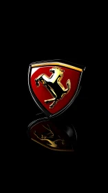 Glossy prancing horse crest on deep black reflective field.
