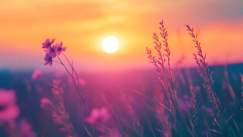 Foreground flora align with a distant sun over blurred horizon
