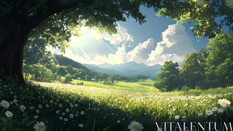 Sunlit meadow under oak tree and distant blue mountains.