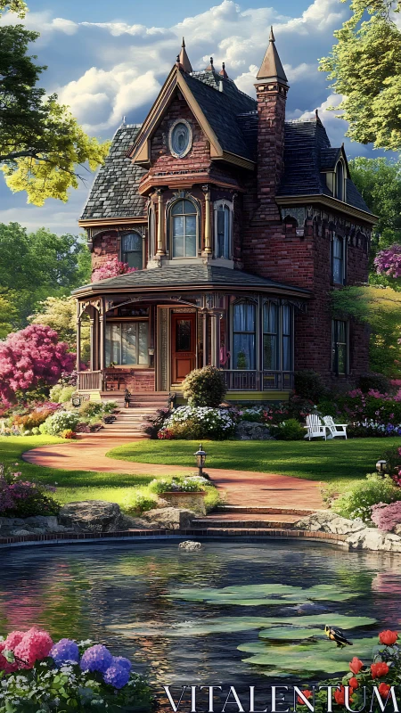Victorian brick house with pond and lush garden at sunset.
