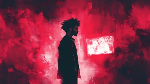 Solitary silhouette against red abstract window glow.