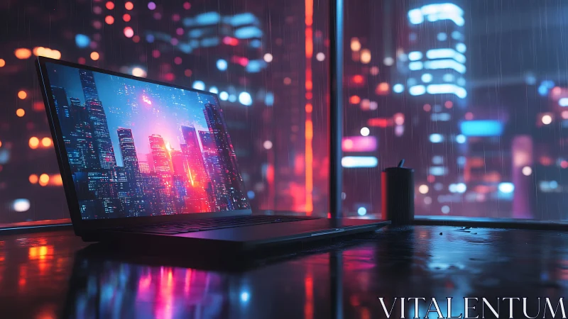 Laptop displays digital cityscape against blurred neon skyline