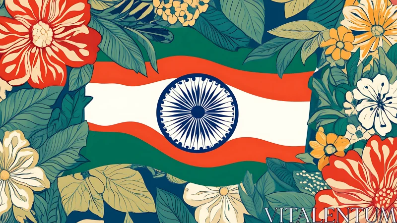 Indian tricolour with Ashoka Chakra framed by florals.
