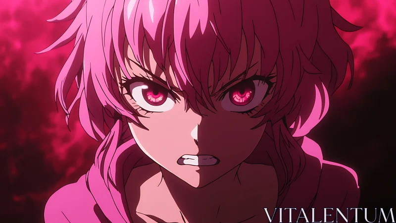 Fierce pink haired anime hero framed in glowing intensity.