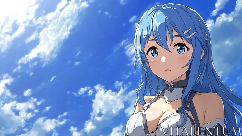 Blue haired anime girl gazes upward under vivid summer sky