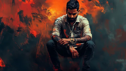 Brooding man crouches amid blazing abstract inferno backdrop.
