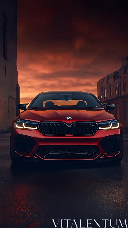 Sunset street view of a bold red performance car.