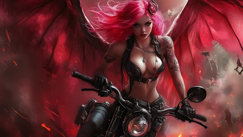 Demonic biker angel rides through blazing crimson storm