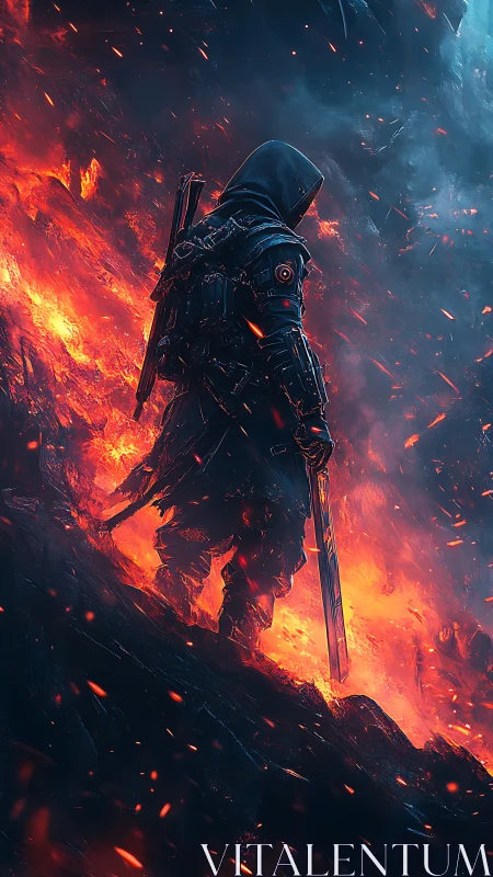 Hooded cyber warrior on volcanic ridge with molten embers