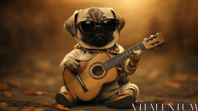 Cool pug serenade with a tiny guitar at golden sunset.