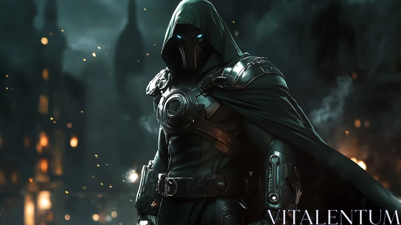 Hooded cyber knight stalks burning nocturnal cityscape.