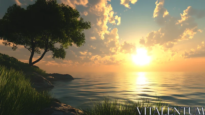 Sunlit shoreline dream where grasses whisper to the sea.