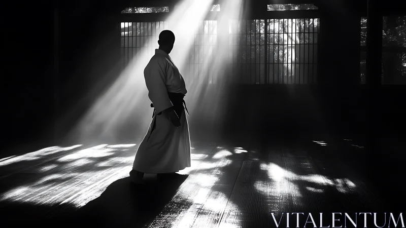 Martial artist stands in dojo under strong slanting sunlight