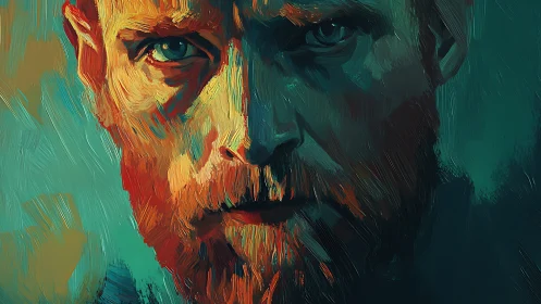 Intense male portrait in bold teal and orange brushstrokes.