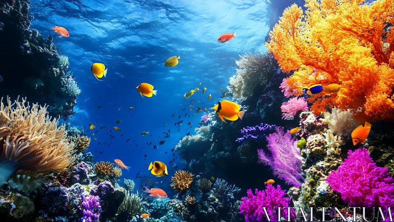 Vibrant coral reef ecosystem glows under clear tropical water.
