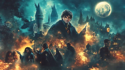 Wizarding school battle scene with castle and full moon.