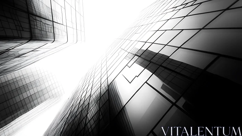 Architectural Abstract: Upward Perspective of Glass Skyscrapers in Monochrome