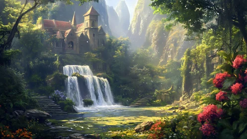 Fantasy stone chapel above sunlit forest waterfall pool.