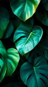 Monstera leaves glow against deep shadowed jungle backdrop