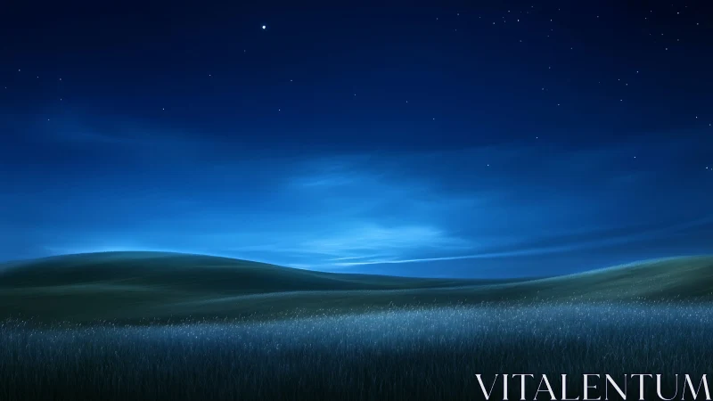 Nocturnal grassland under luminous blue starlit sky rendered softly