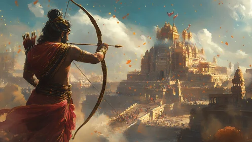 Heroic archer gazes toward a golden sunlit temple city.