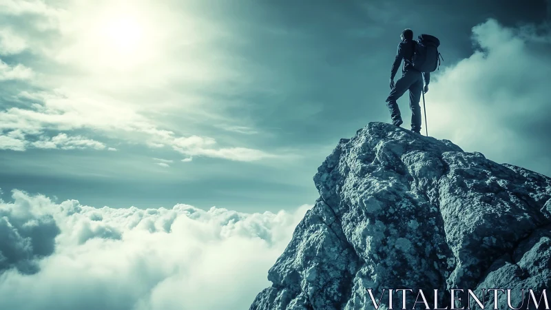 Solitary mountaineer stands on rocky summit above clouds