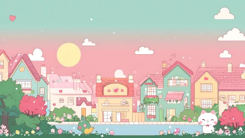 Cozy pastel neighborhood with cute friends enjoying sunset.