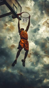 Soaring basketball player reaches for the rim against stormy sky