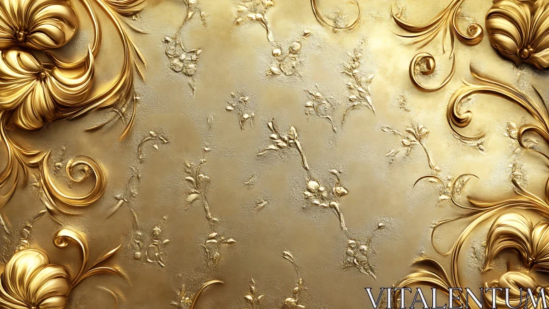 Gold floral baroque pattern with raised ornamental swirls.