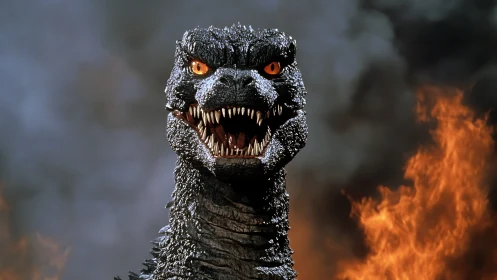 Kaiju reptile portrait framed by cinematic fire and smoke.