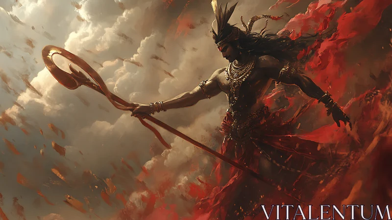 Warrior demigod commanding firestorms amid swirling clouds.