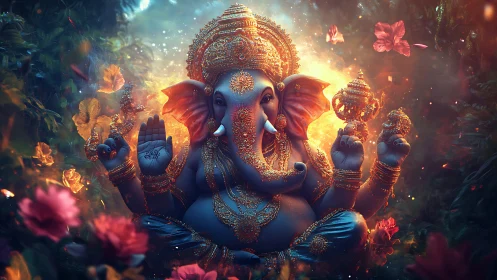 Elephant-headed deity statue in ornate forest setting scene.